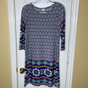 R Rouge Dress Womens Size M Blue Geo Design Multicolor Southwest Straight Sleeve